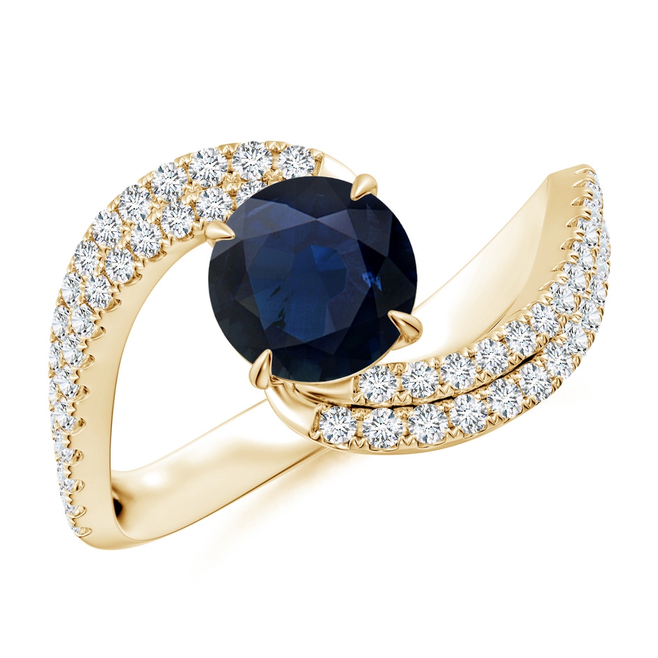 6.5mm A Round Blue Sapphire Curved Bypass Shank Engagement Ring in 18K Yellow Gold 
