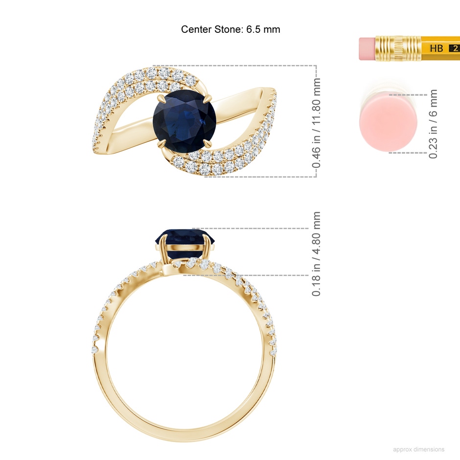 6.5mm A Round Blue Sapphire Curved Bypass Shank Engagement Ring in 18K Yellow Gold ruler