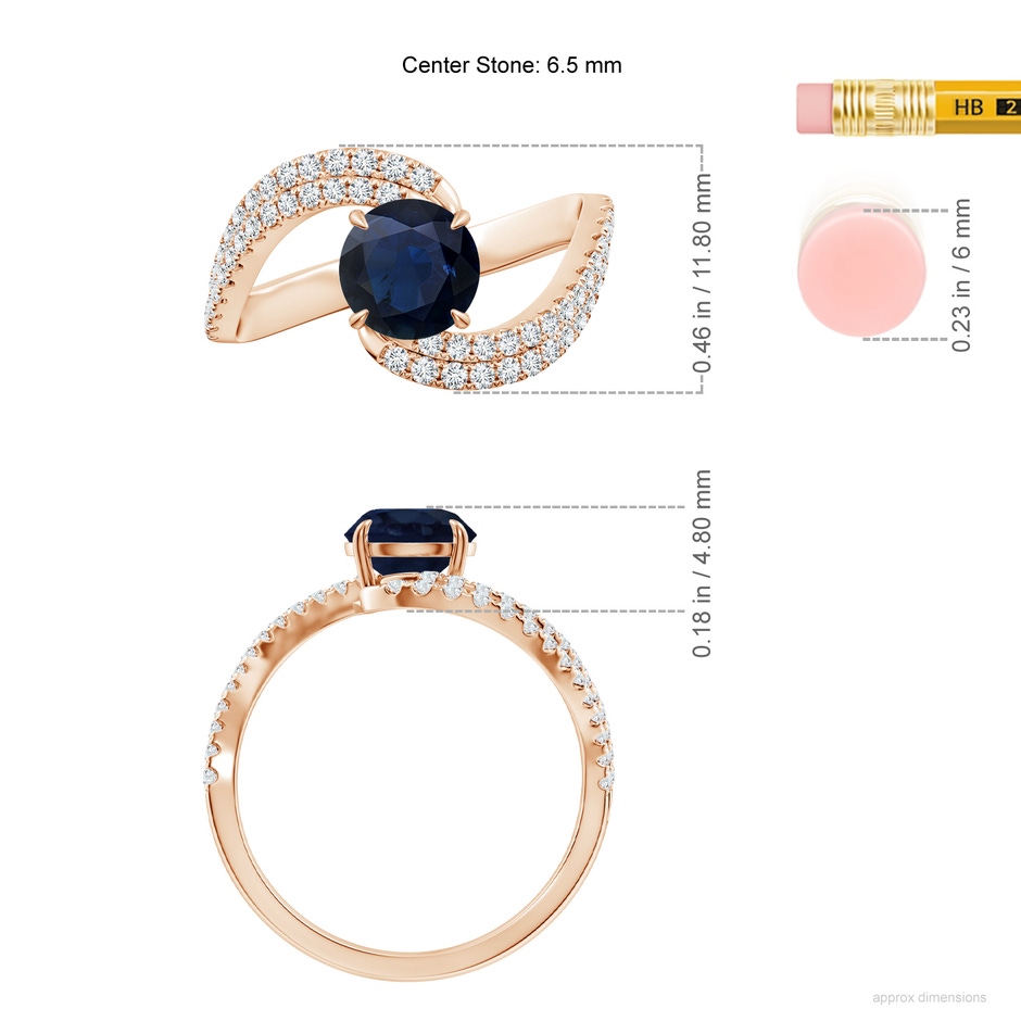 6.5mm A Round Blue Sapphire Curved Bypass Shank Engagement Ring in Rose Gold ruler