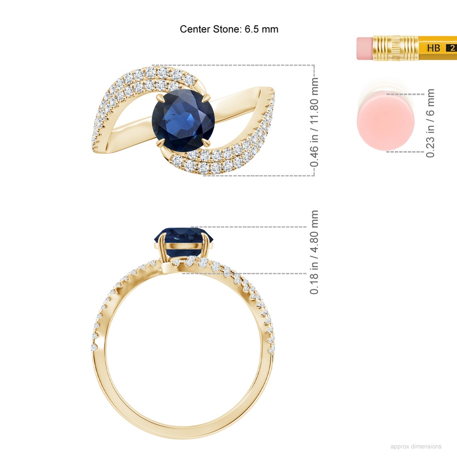6.5mm AA Round Blue Sapphire Curved Bypass Shank Engagement Ring in 18K Yellow Gold ruler