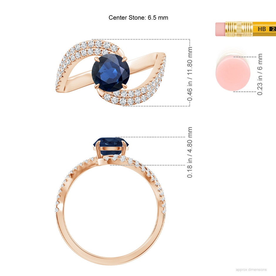 6.5mm AA Round Blue Sapphire Curved Bypass Shank Engagement Ring in Rose Gold ruler
