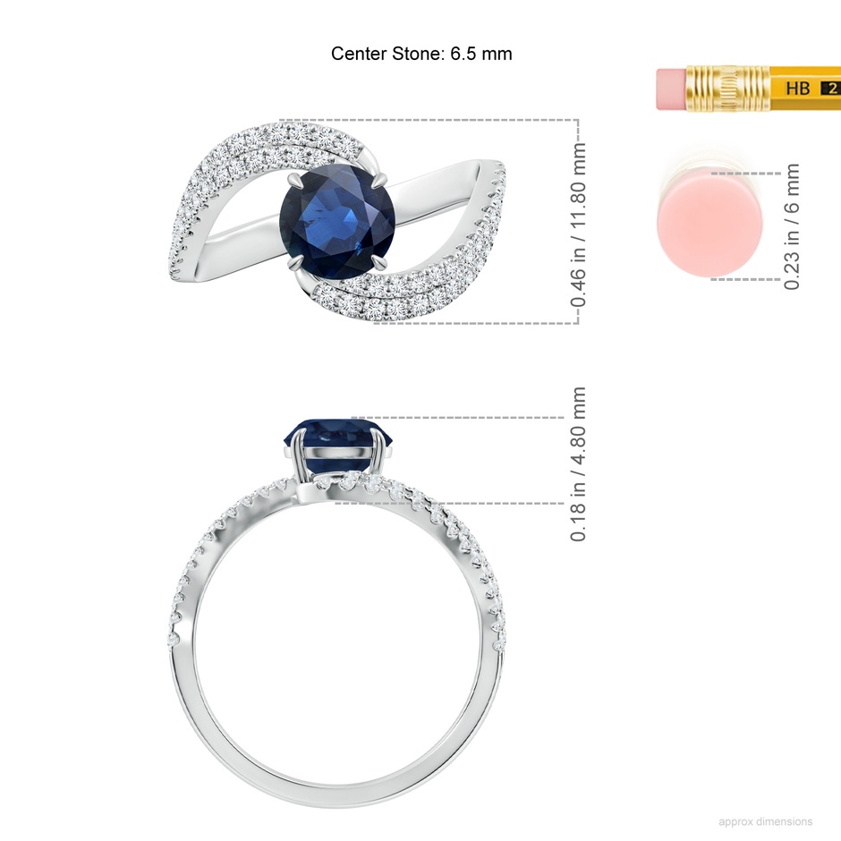 6.5mm AA Round Blue Sapphire Curved Bypass Shank Engagement Ring in White Gold ruler