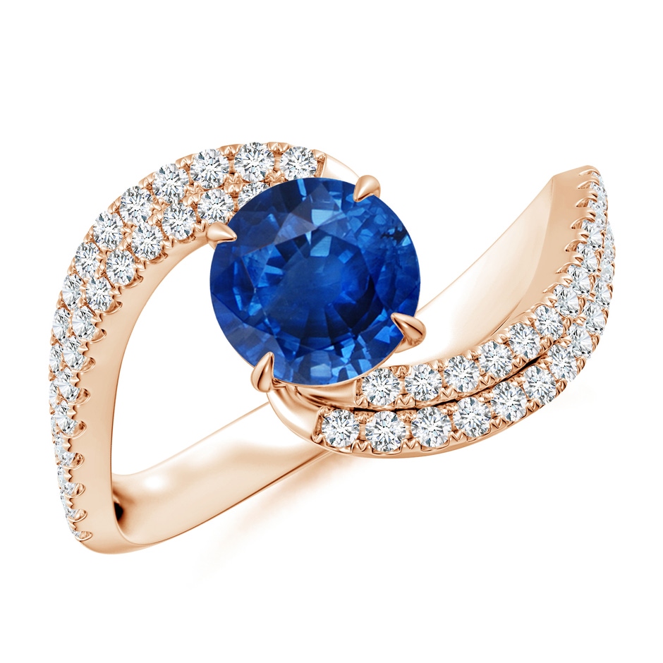 6.5mm AAA Round Blue Sapphire Curved Bypass Shank Engagement Ring in 18K Rose Gold 