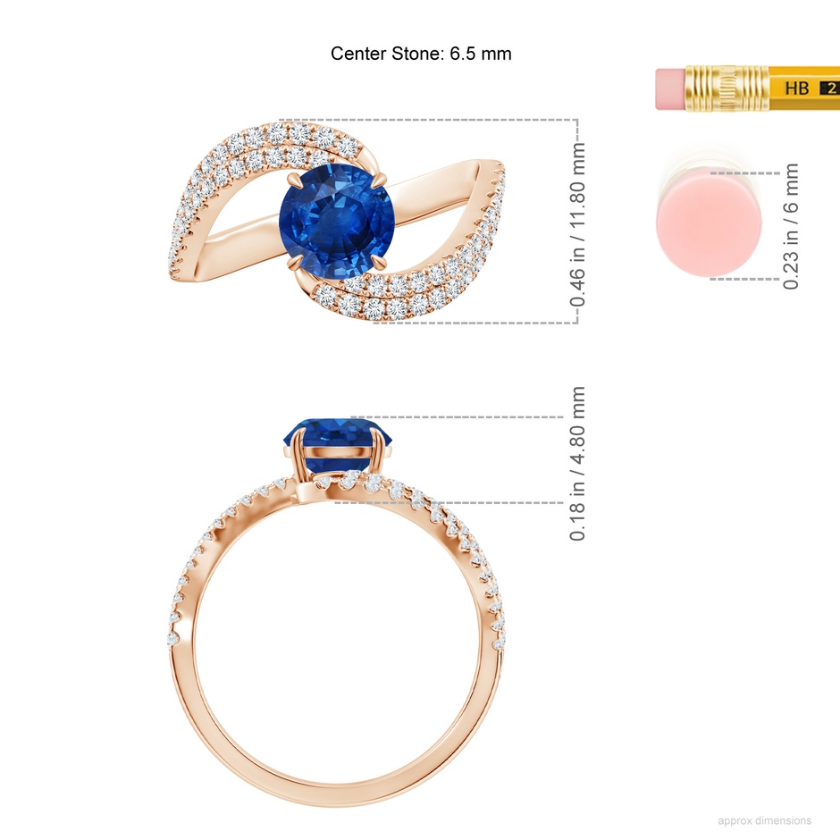 6.5mm AAA Round Blue Sapphire Curved Bypass Shank Engagement Ring in 18K Rose Gold ruler