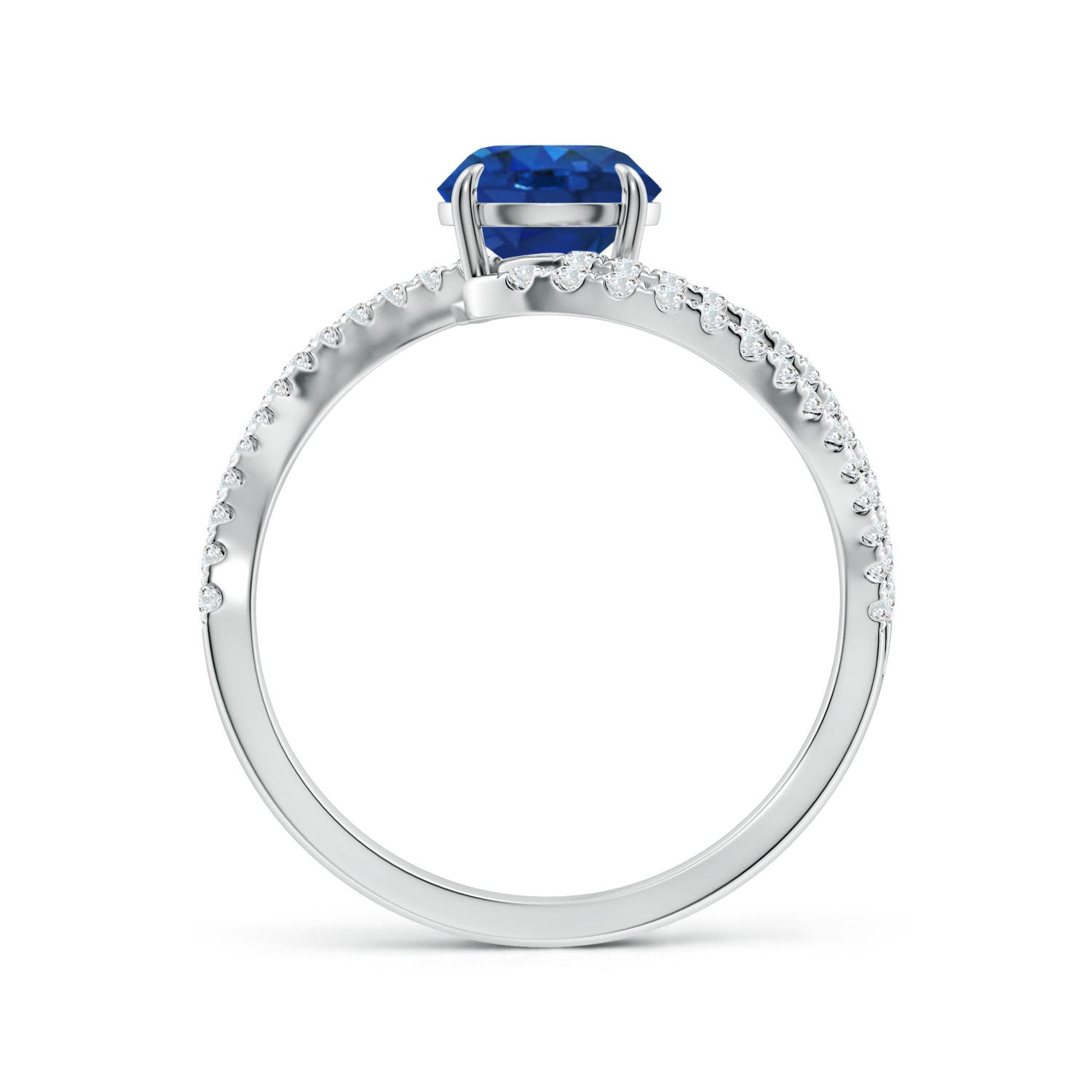 6.5mm AAA Round Blue Sapphire Curved Bypass Shank Engagement Ring in 18K White Gold
