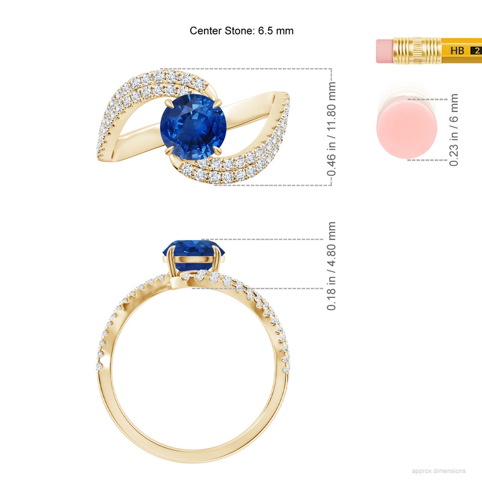 6.5mm AAA Round Blue Sapphire Curved Bypass Shank Engagement Ring in 18K Yellow Gold ruler