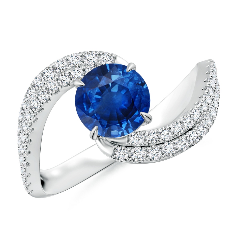 6.5mm AAA Round Blue Sapphire Curved Bypass Shank Engagement Ring in White Gold 