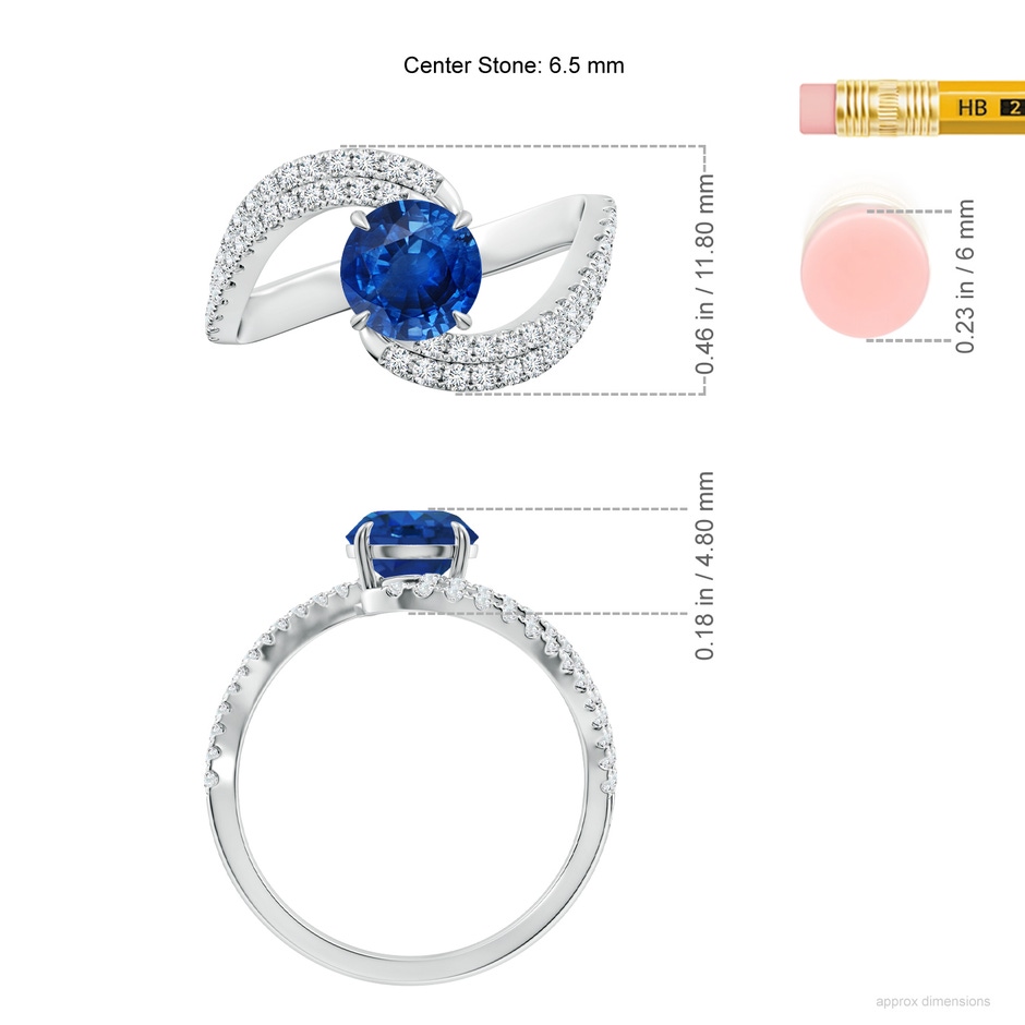 6.5mm AAA Round Blue Sapphire Curved Bypass Shank Engagement Ring in White Gold ruler