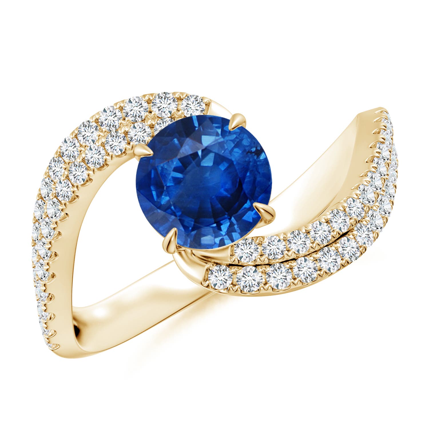 6.5mm AAA Round Blue Sapphire Curved Bypass Shank Engagement Ring in Yellow Gold