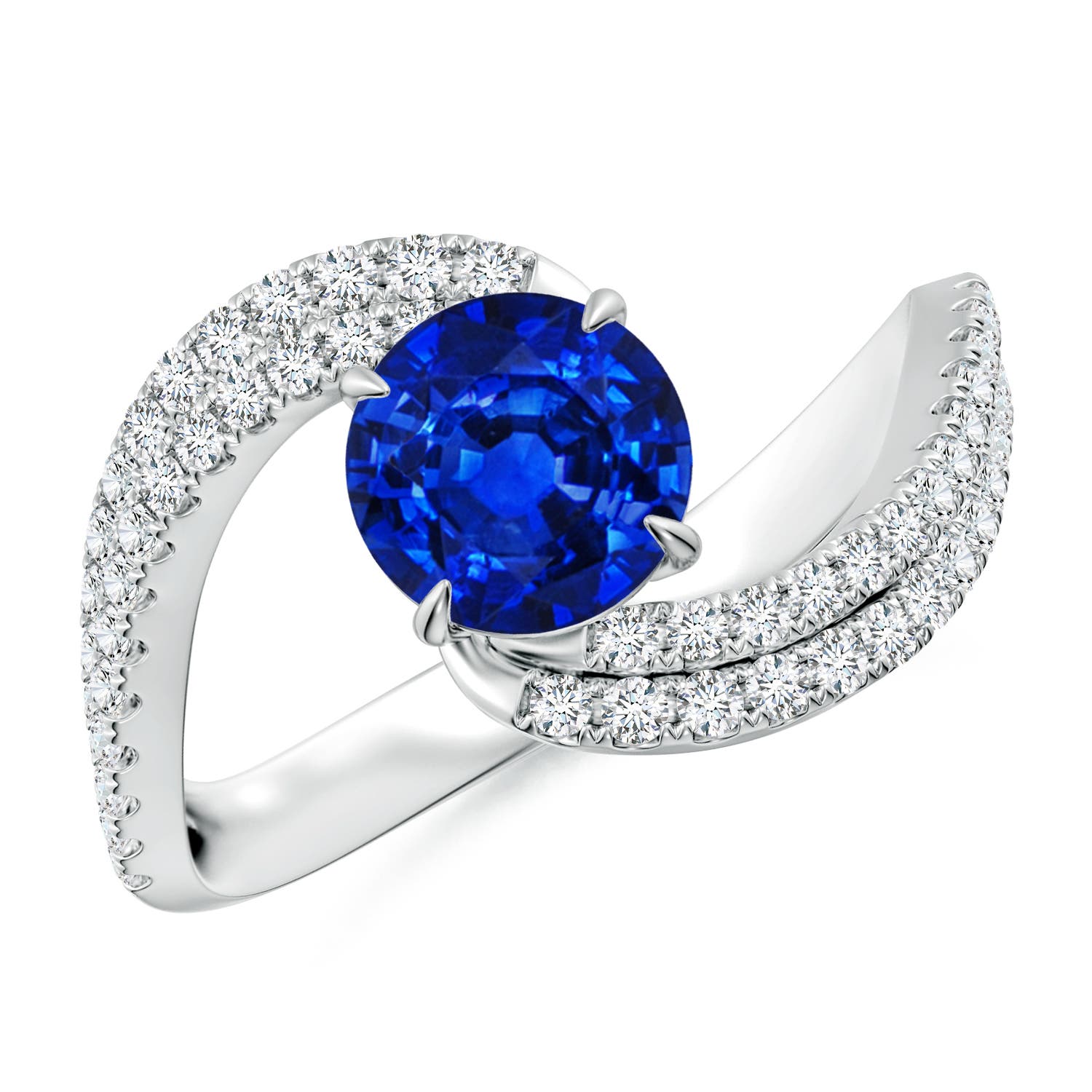 6.5mm AAAA Round Blue Sapphire Curved Bypass Shank Engagement Ring in 18K White Gold