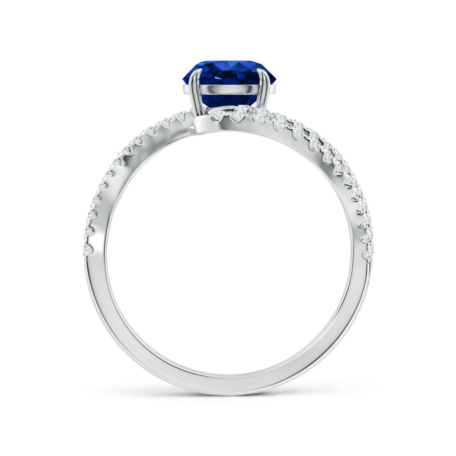 6.5mm AAAA Round Blue Sapphire Curved Bypass Shank Engagement Ring in 18K White Gold