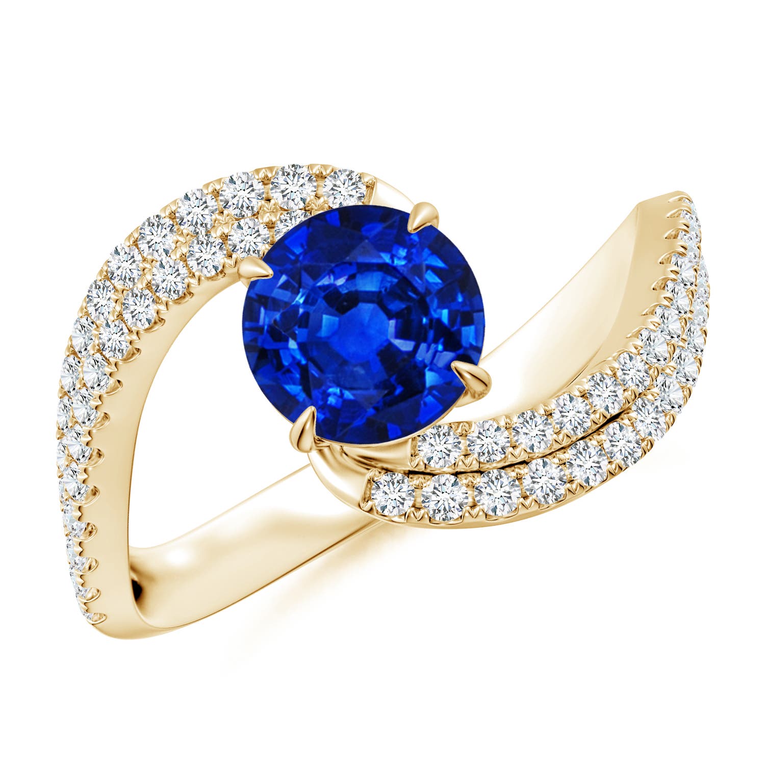 6.5mm AAAA Round Blue Sapphire Curved Bypass Shank Engagement Ring in 18K Yellow Gold