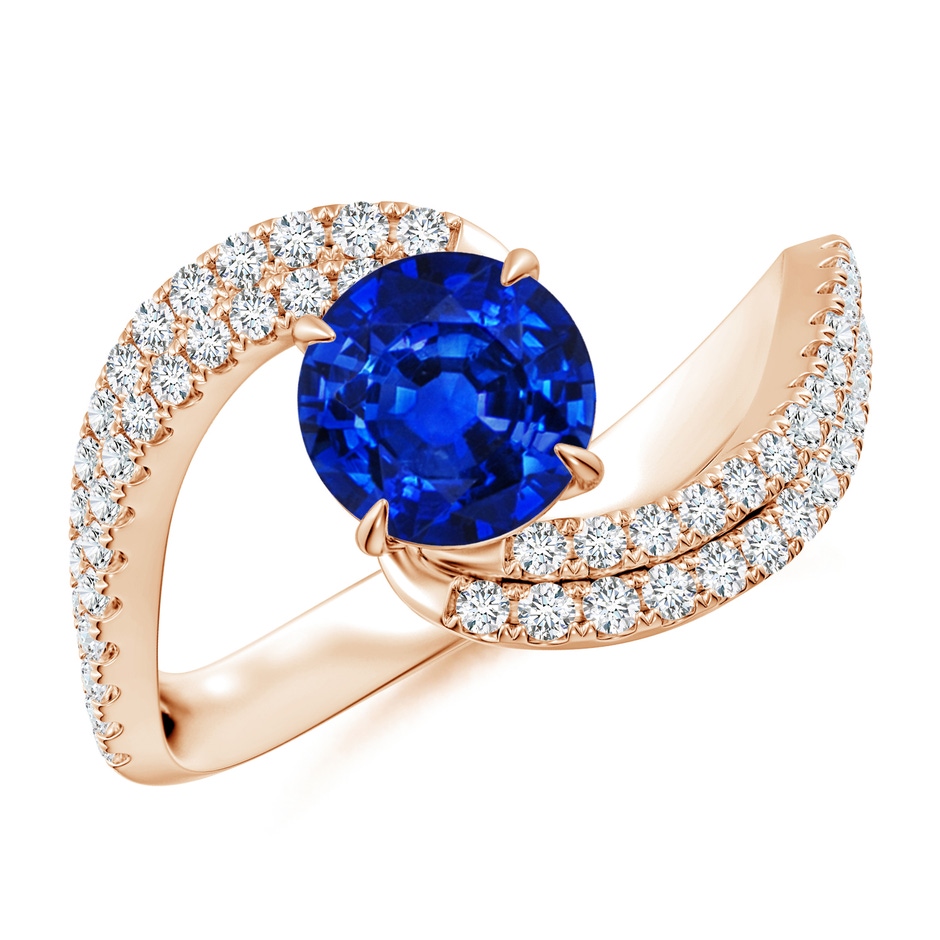 6.5mm AAAA Round Blue Sapphire Curved Bypass Shank Engagement Ring in Rose Gold 