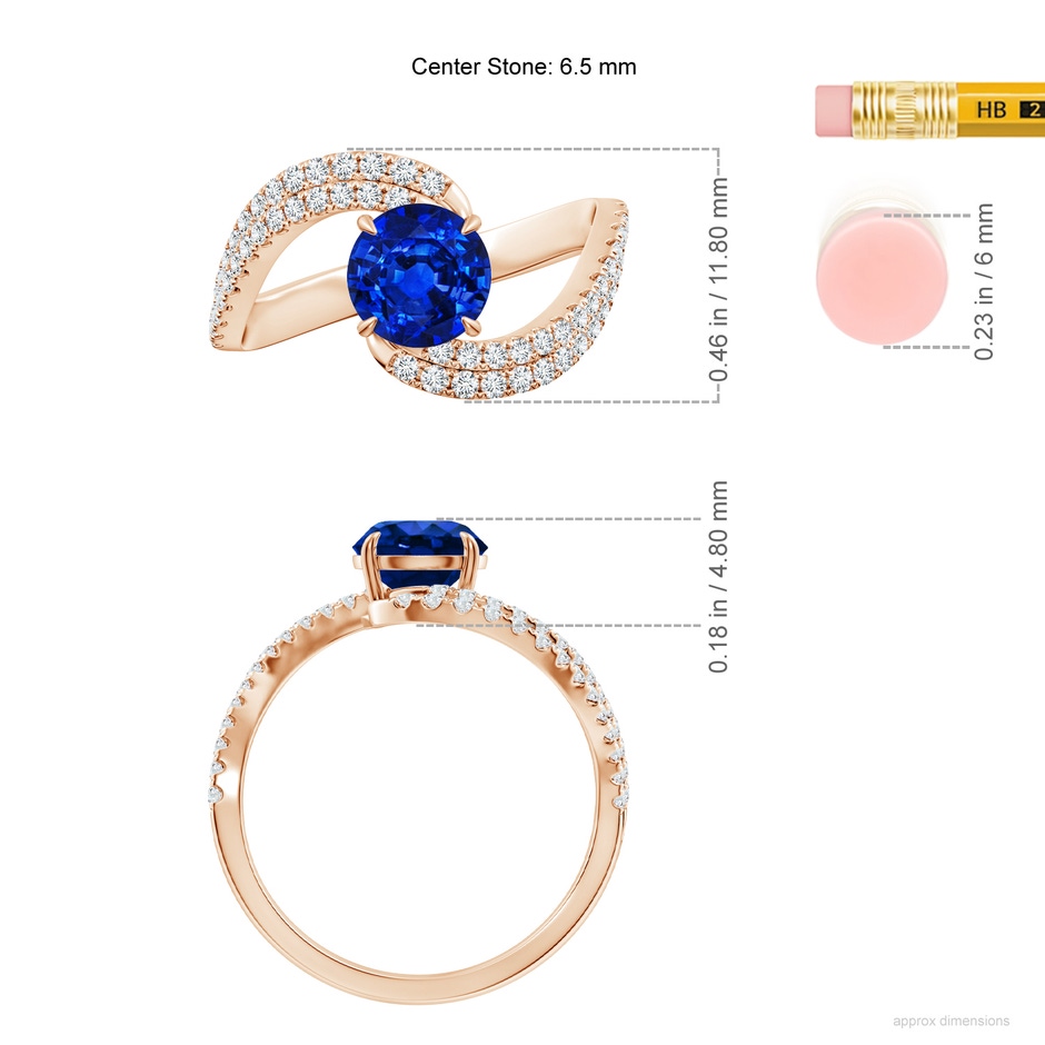6.5mm AAAA Round Blue Sapphire Curved Bypass Shank Engagement Ring in Rose Gold ruler