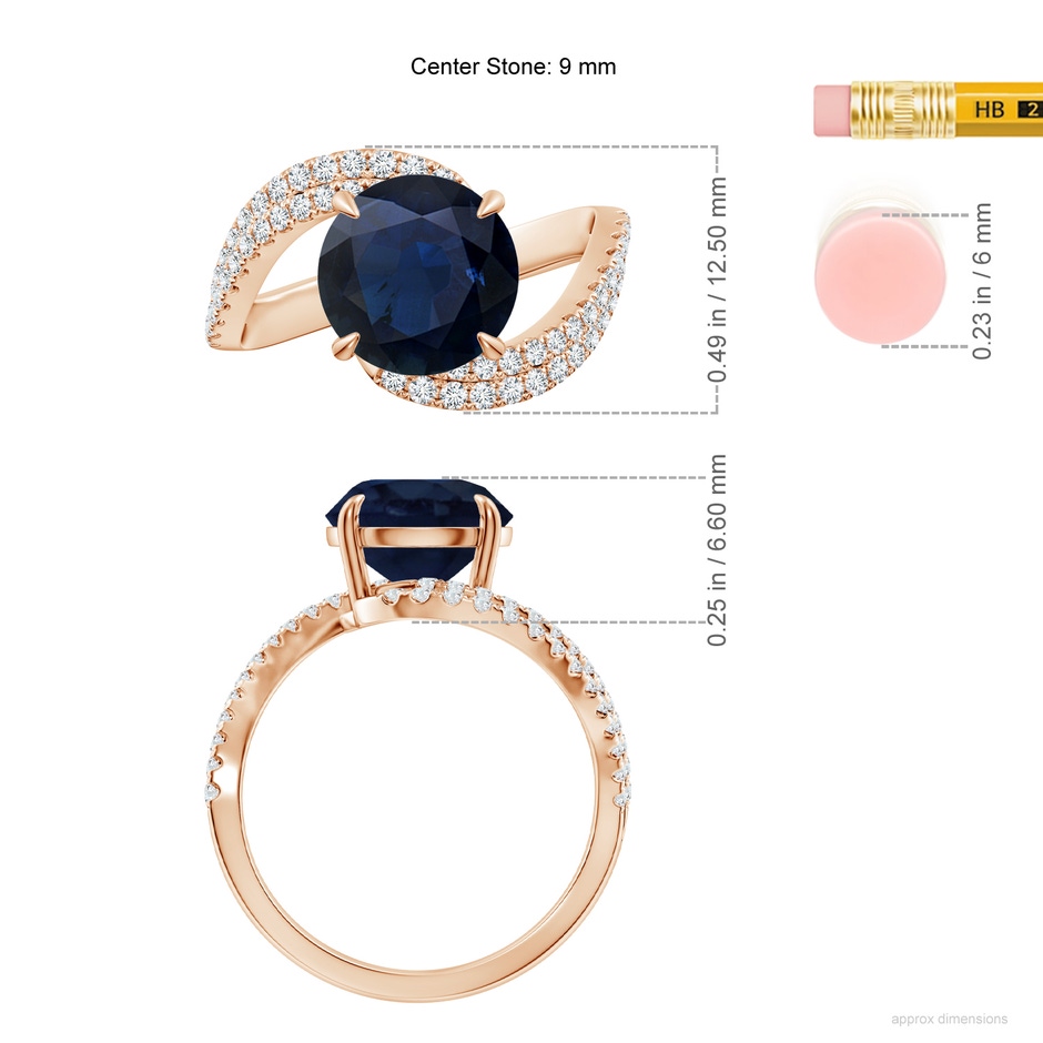 9mm A Round Blue Sapphire Curved Bypass Shank Engagement Ring in Rose Gold ruler