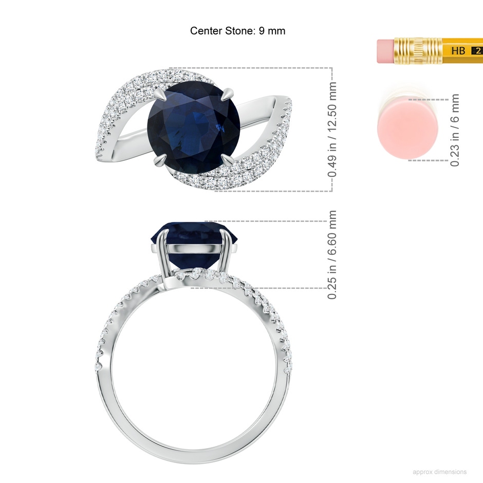 9mm A Round Blue Sapphire Curved Bypass Shank Engagement Ring in White Gold ruler