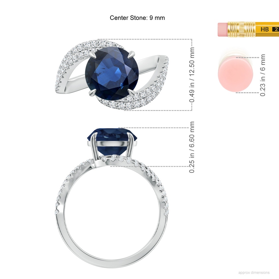 9mm AA Round Blue Sapphire Curved Bypass Shank Engagement Ring in P950 Platinum ruler