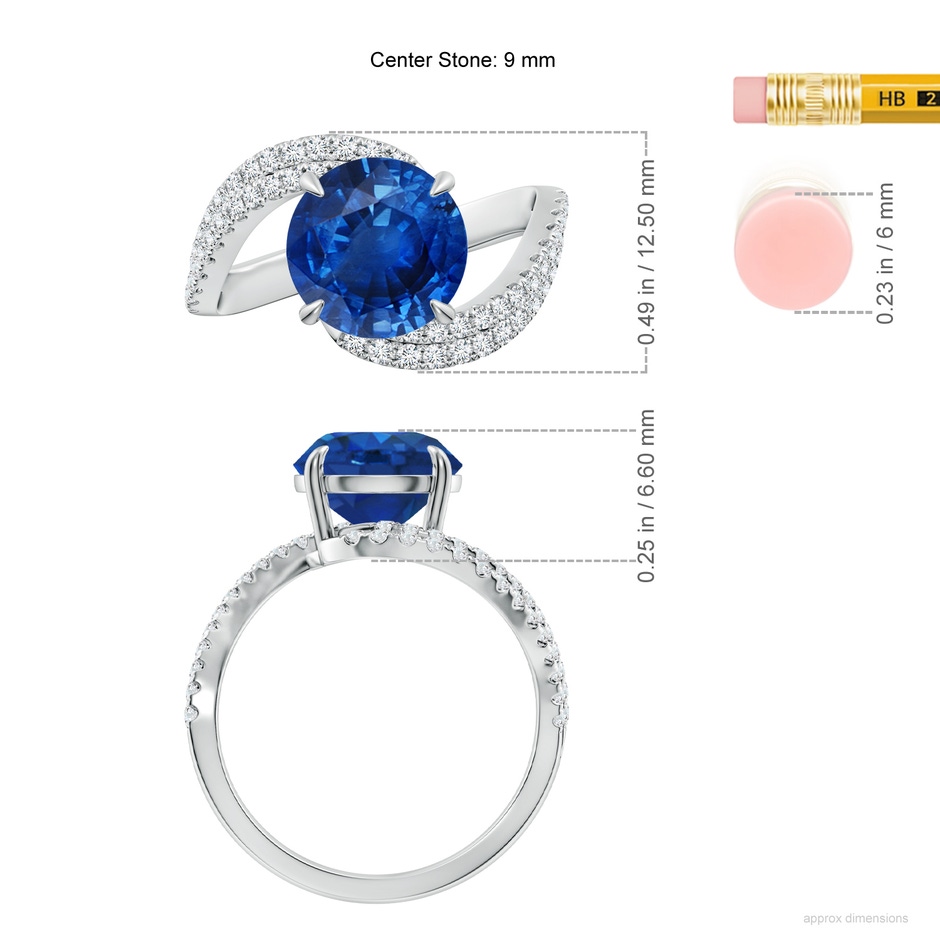 9mm AAA Round Blue Sapphire Curved Bypass Shank Engagement Ring in P950 Platinum ruler