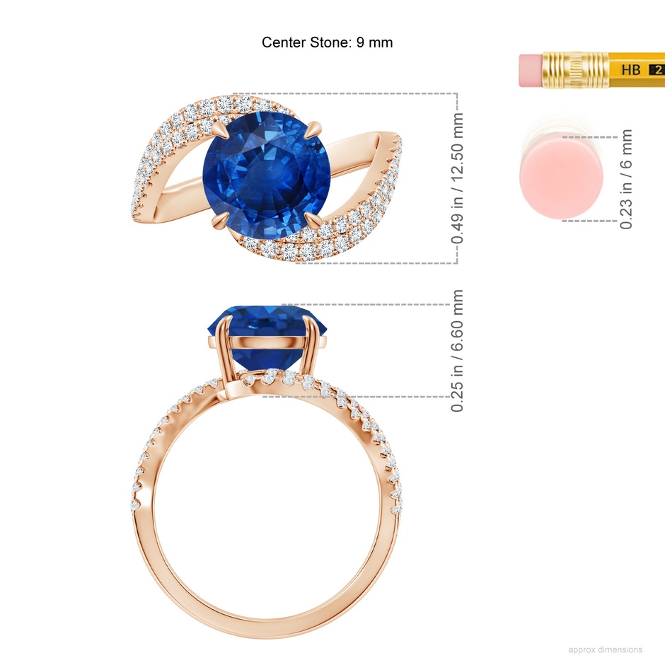 9mm AAA Round Blue Sapphire Curved Bypass Shank Engagement Ring in Rose Gold ruler