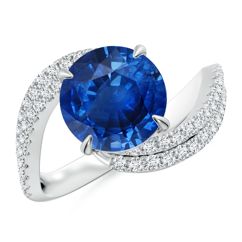 9mm AAA Round Blue Sapphire Curved Bypass Shank Engagement Ring in White Gold 