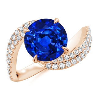 9mm AAAA Round Blue Sapphire Curved Bypass Shank Engagement Ring in 18K Rose Gold