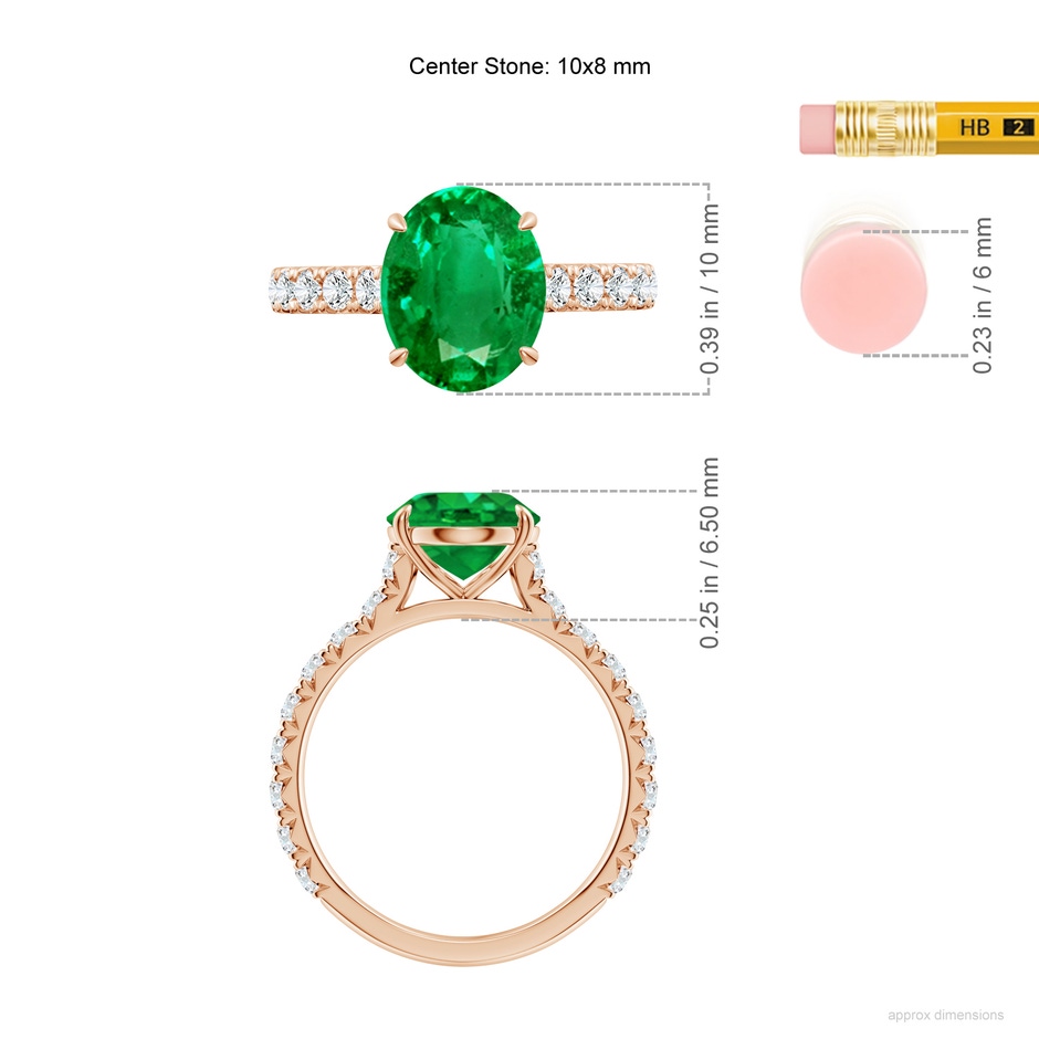 10x8mm AAA Oval Emerald Two Tone Engagement Ring with Accents in Rose Gold ruler