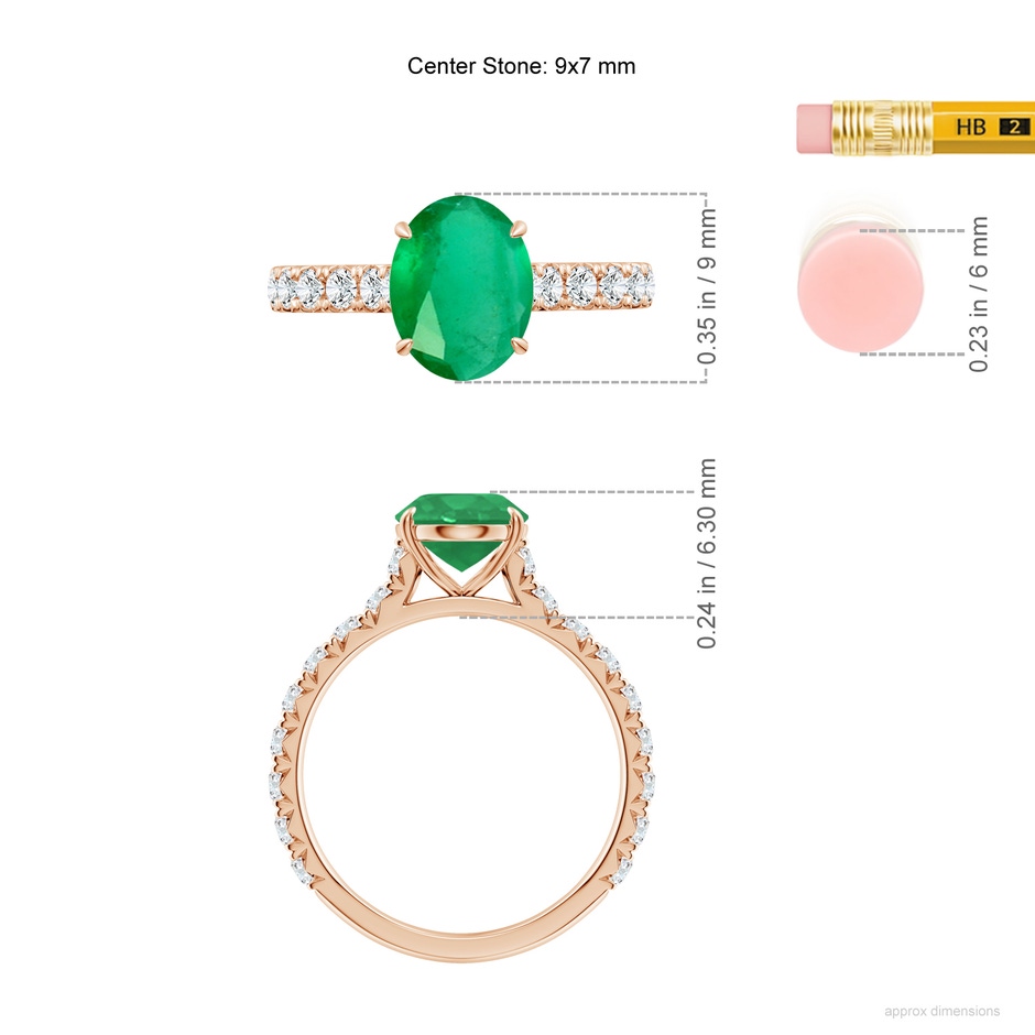 9x7mm A Oval Emerald Two Tone Engagement Ring with Accents in Rose Gold ruler
