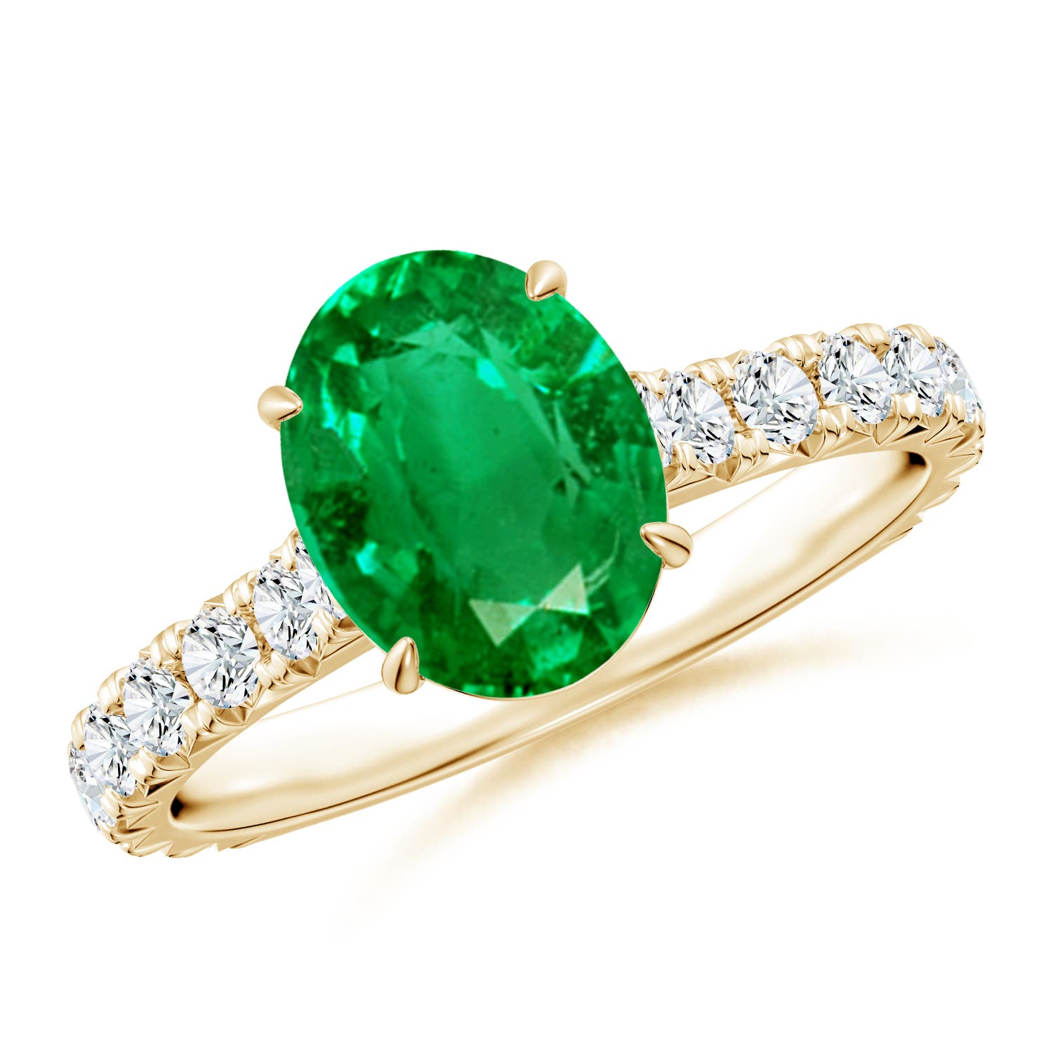 9x7mm AAA Oval Emerald Two Tone Engagement Ring with Accents in Yellow Gold