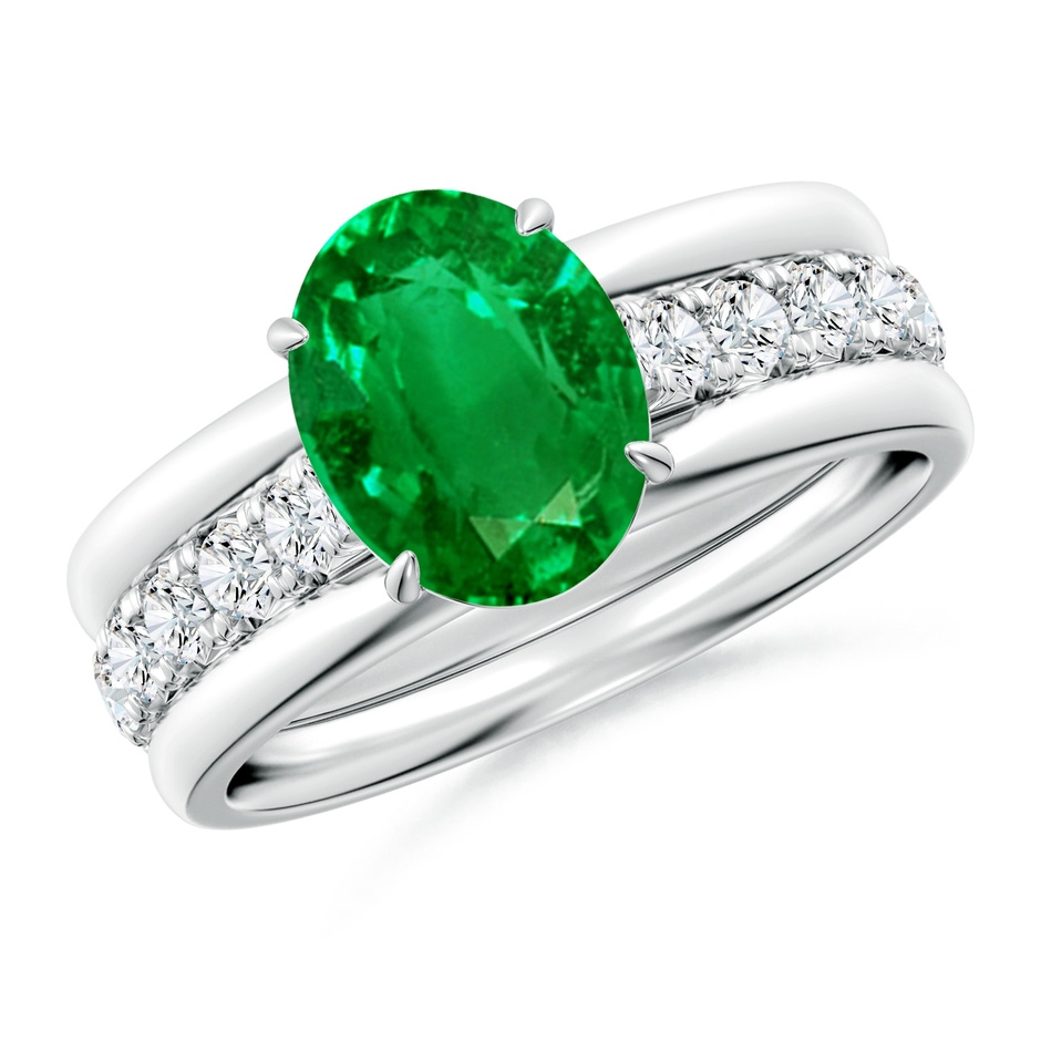 9x7mm AAAA Oval Emerald Two Tone Engagement Ring with Accents in P950 Platinum side 399