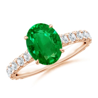 9x7mm AAAA Oval Emerald Two Tone Engagement Ring with Accents in Rose Gold