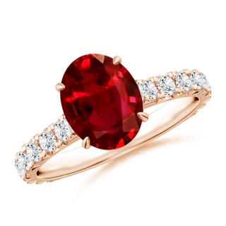 9x7mm AAAA Oval Ruby Two Tone Engagement Ring with Accents in 10K Rose Gold