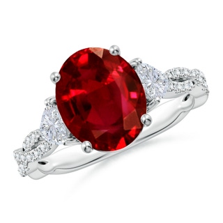 10x8mm AAAA Three Stone Oval Ruby and Trillion Diamond Twisted Shank Engagement Ring in P950 Platinum