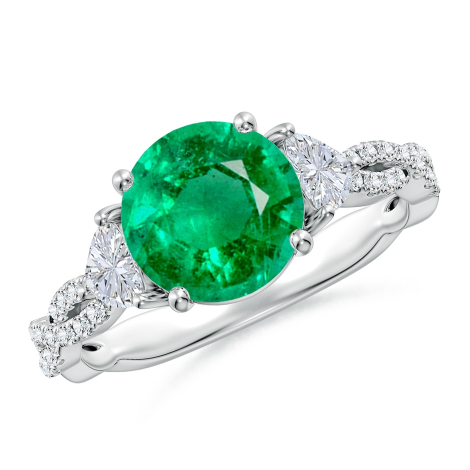 8mm AAA Three Stone Round Emerald and Trillion Diamond Twisted Shank Engagement Ring in White Gold 