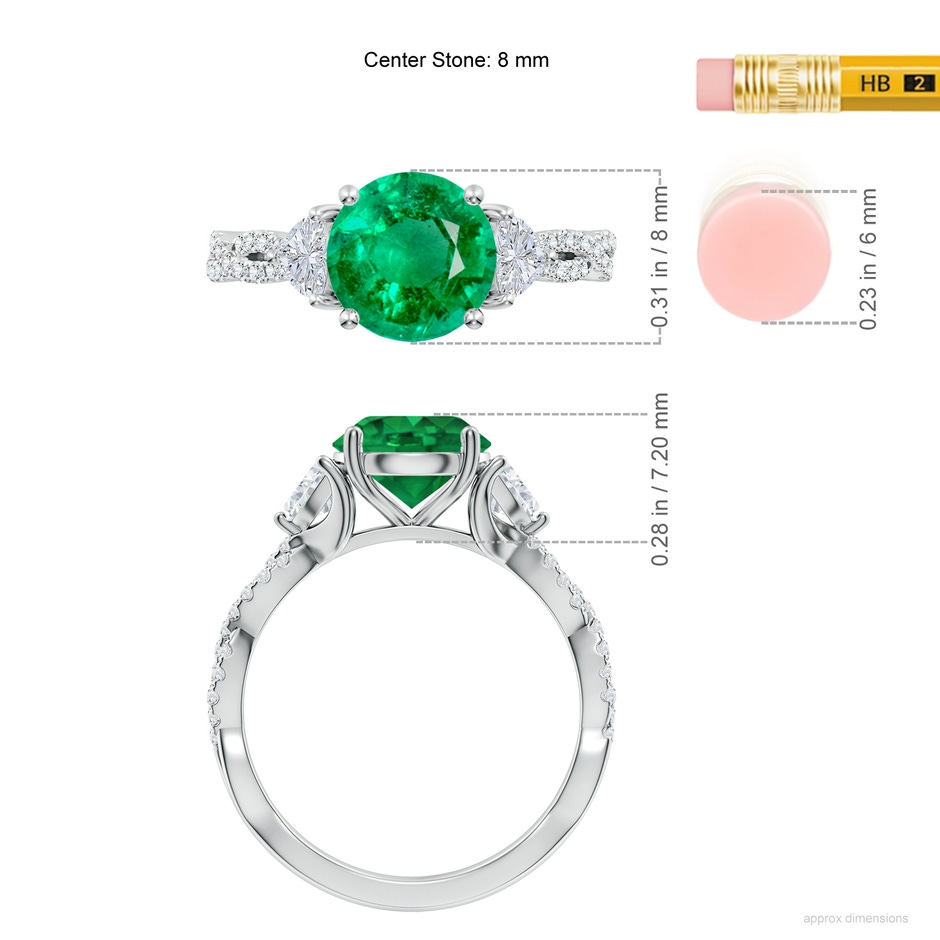 8mm AAA Three Stone Round Emerald and Trillion Diamond Twisted Shank Engagement Ring in White Gold ruler