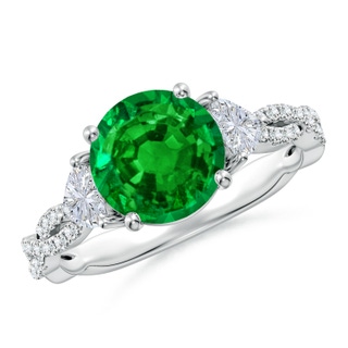 8mm AAAA Three Stone Round Emerald and Trillion Diamond Twisted Shank Engagement Ring in P950 Platinum