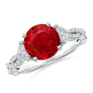 8mm AAA Three Stone Round Ruby and Trillion Diamond Twisted Shank Engagement Ring in P950 Platinum