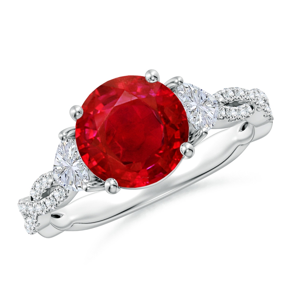 8mm AAA Three Stone Round Ruby and Trillion Diamond Twisted Shank Engagement Ring in White Gold