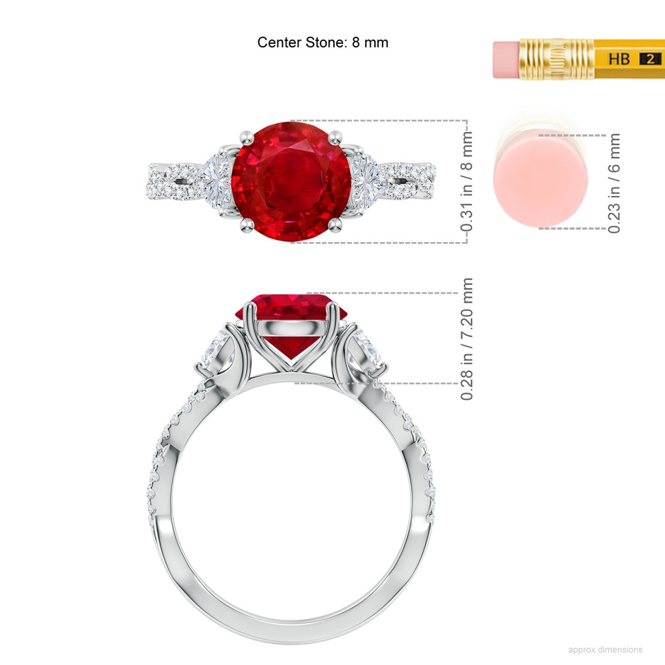 8mm AAA Three Stone Round Ruby and Trillion Diamond Twisted Shank Engagement Ring in White Gold ruler