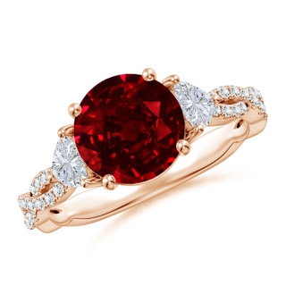 8mm AAAA Three Stone Round Ruby and Trillion Diamond Twisted Shank Engagement Ring in Rose Gold