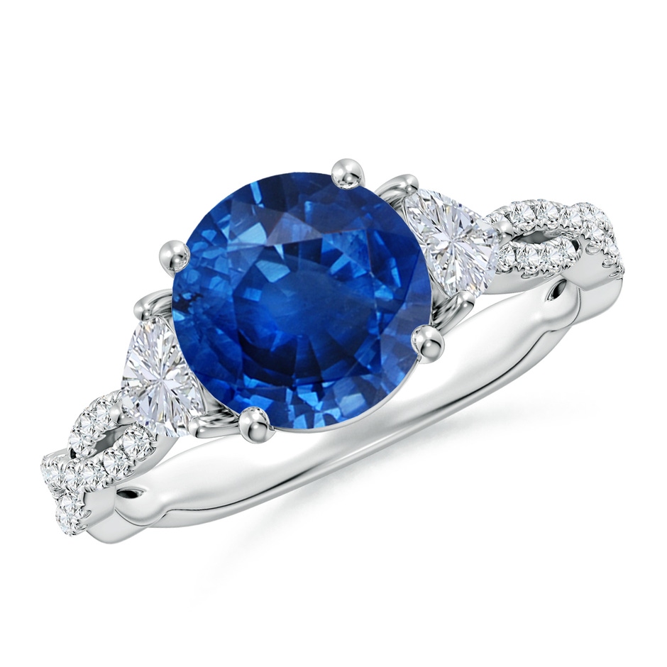 8mm AAA Three Stone Round Blue Sapphire and Trillion Diamond Twisted Shank Engagement Ring in White Gold 