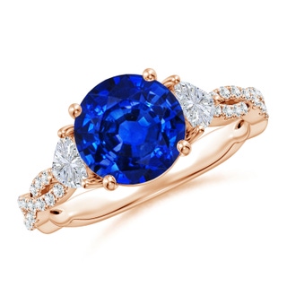 8mm AAAA Three Stone Round Blue Sapphire and Trillion Diamond Twisted Shank Engagement Ring in Rose Gold