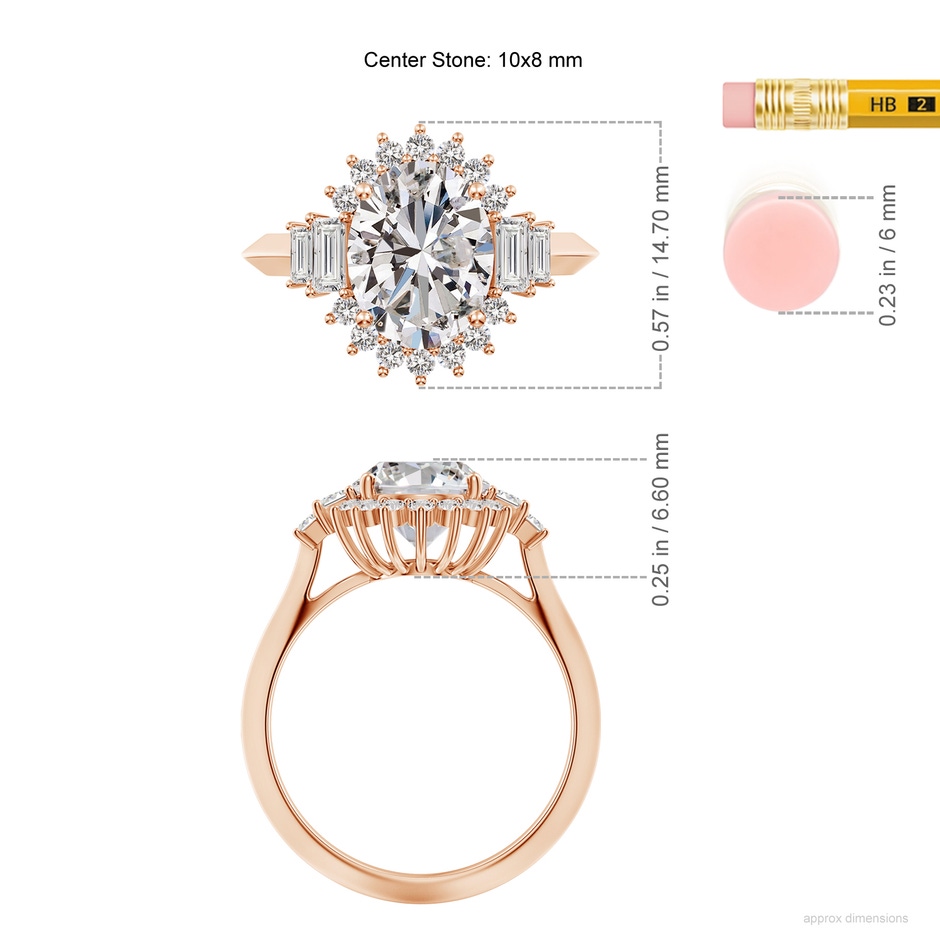 10x8mm IJI1I2 Oval Diamond Halo Knife-Edge Shank Engagement Ring in Rose Gold ruler