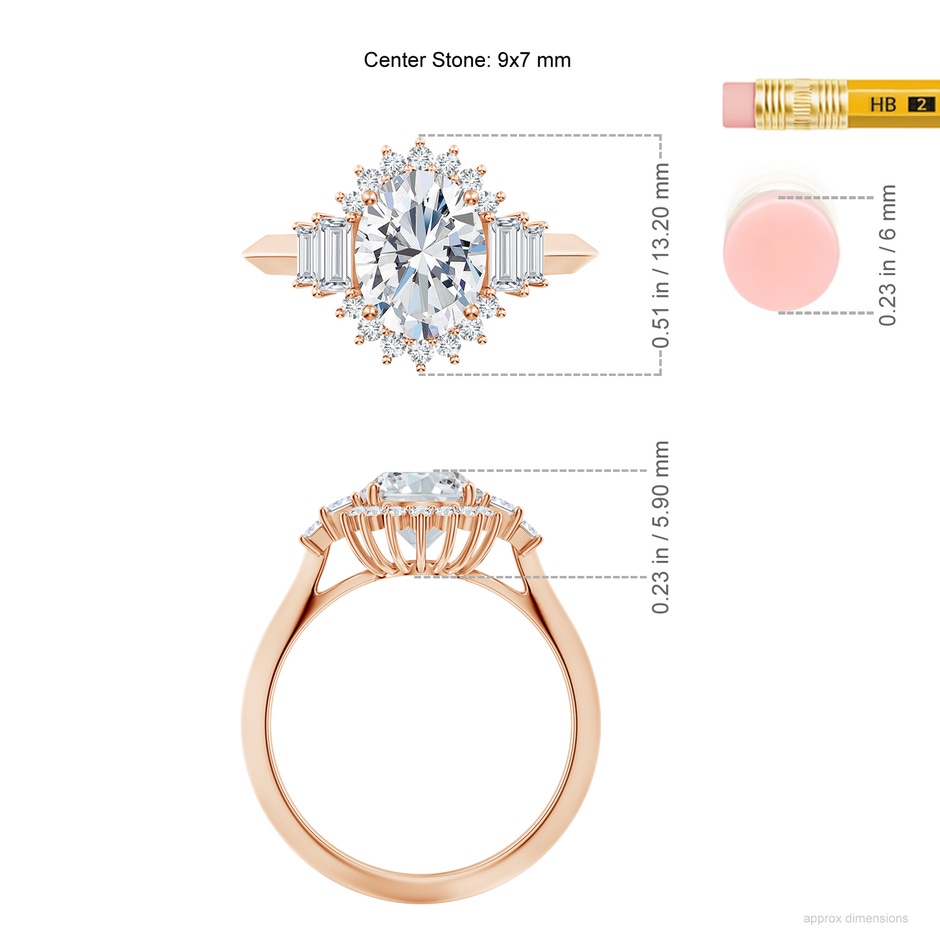 9x7mm GVS2 Oval Diamond Halo Knife-Edge Shank Engagement Ring in Rose Gold ruler