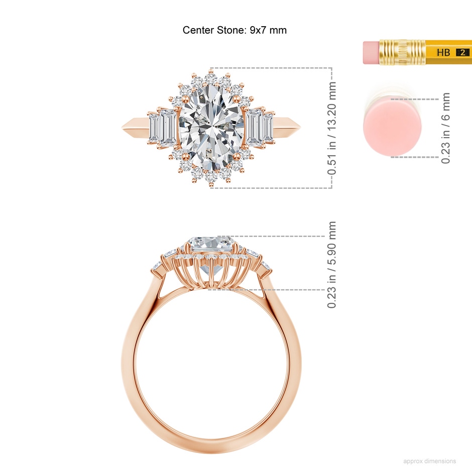 9x7mm HSI2 Oval Diamond Halo Knife-Edge Shank Engagement Ring in Rose Gold ruler