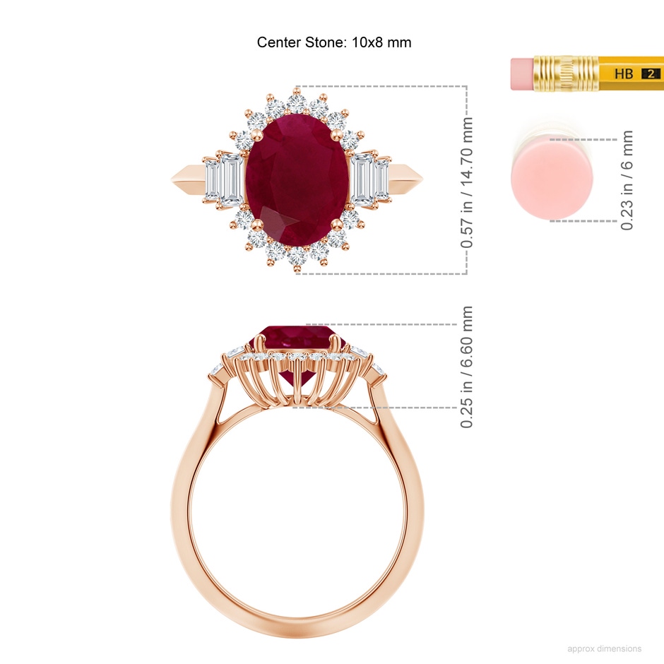 10x8mm A Oval Ruby Halo Knife-Edge Shank Engagement Ring in Rose Gold ruler