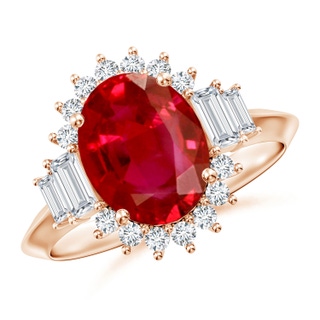 10x8mm AAA Oval Ruby Halo Knife-Edge Shank Engagement Ring in 18K Rose Gold