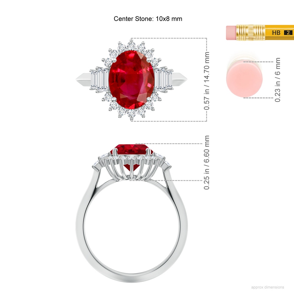 10x8mm AAA Oval Ruby Halo Knife-Edge Shank Engagement Ring in P950 Platinum ruler