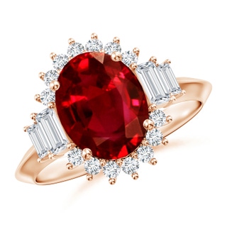 10x8mm AAAA Oval Ruby Halo Knife-Edge Shank Engagement Ring in 18K Rose Gold