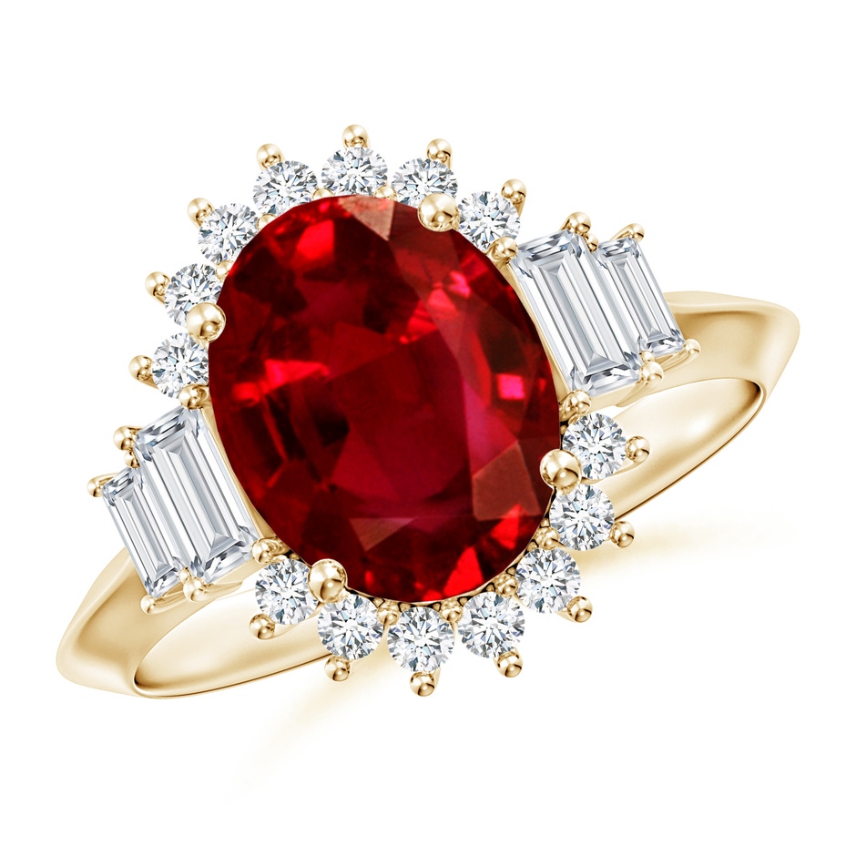 10x8mm AAAA Oval Ruby Halo Knife-Edge Shank Engagement Ring in Yellow Gold 