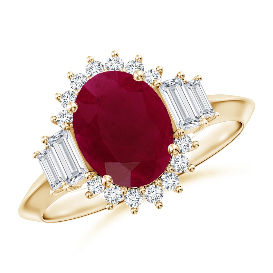 9x7mm A Oval Ruby Halo Knife-Edge Shank Engagement Ring in Yellow Gold 